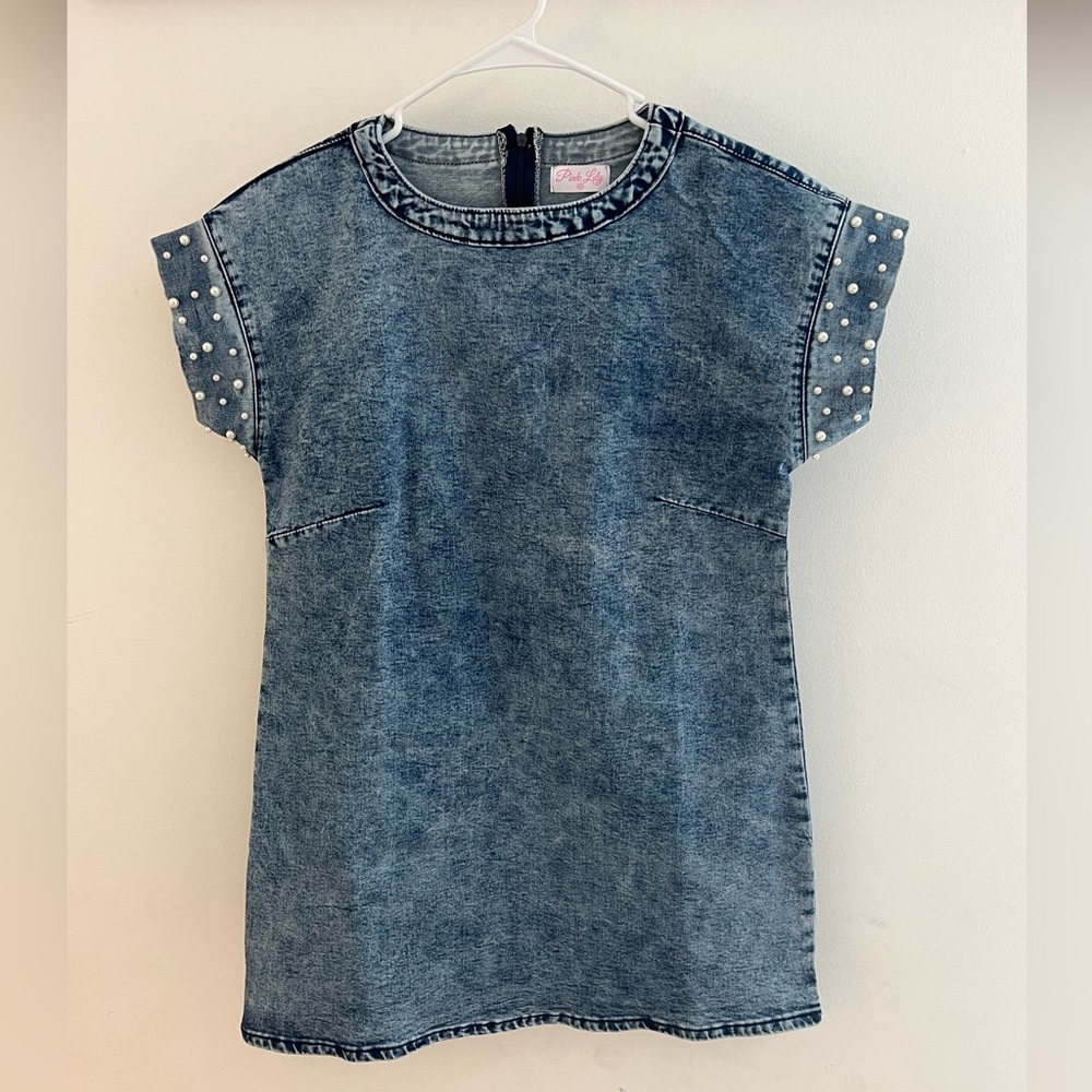 Pink Lily Denim Dress with pearl studded sleeves - brand new! Size xs.